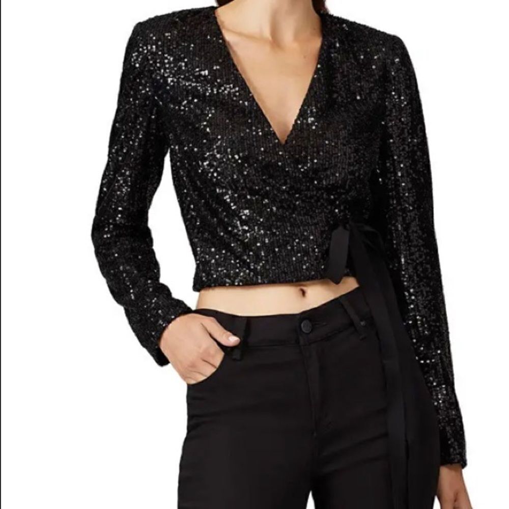 Monique Lhuillier Black Sequin Wrap Top